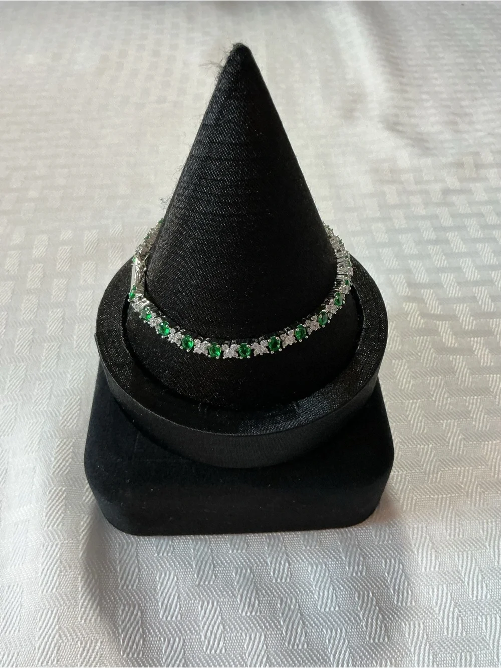 Emerald Green Rhinestone Silver Tone Line Bracelet